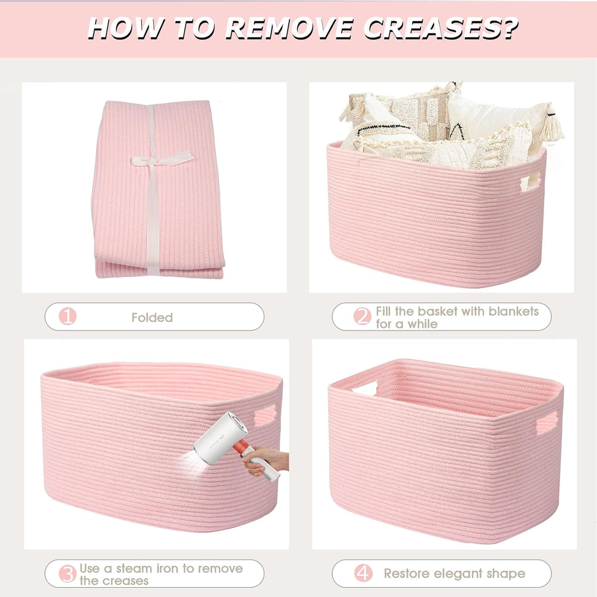 75L Large Woven Storage Basket, Pink Cotton Rope Laundry Hamper with Handles, 22”x17”x12” Rectangle Blanket Basket for Toys, Clothes, Pillows, Nursery and Living Room,Shelf Basket