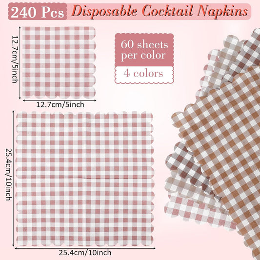 240 Pcs Scalloped Cocktail Napkins Bulk 5 x 5 Inch Gingham Plaid Paper Napkins Disposable Gradient Color Decorative for Wedding Birthday Bridal Anniversary Party Supplies (Brown and Pink)