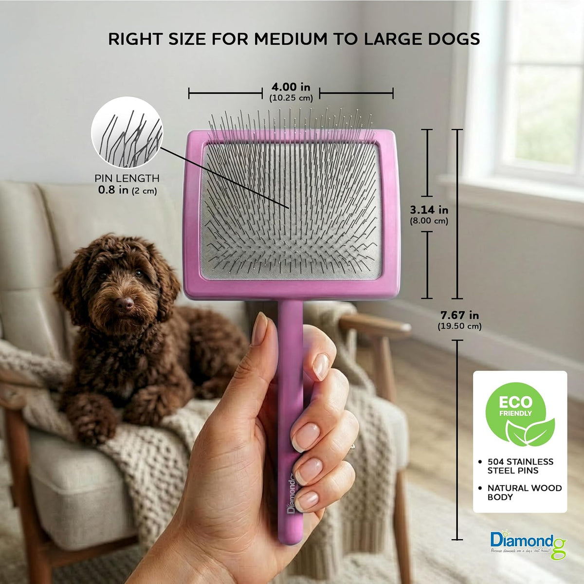 Pet Slicker Brush for Dogs & Cats – Professional Grooming Brush for Shedding, Detangling & Coat Maintenance, Gentle Fine Wire Pins, Ergonomic Handle, Pink