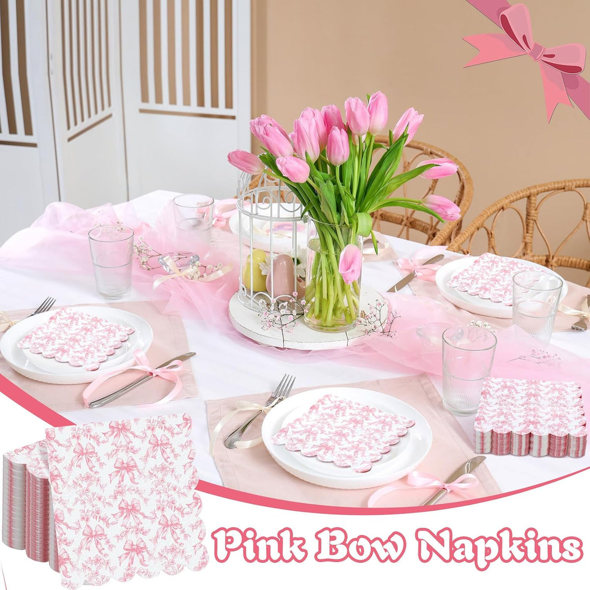 150 Pcs Pink Bow Napkins Coquette Party Disposable Paper