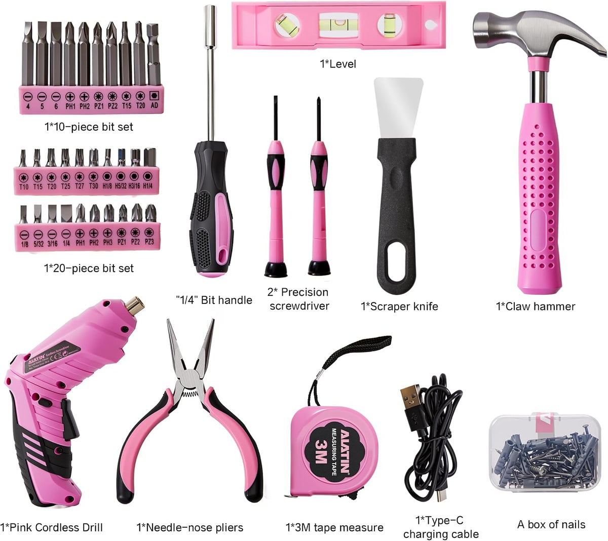 Pink Cordless Screwdriver Tool Set, 40-Piece Household Hand Tool Kit
