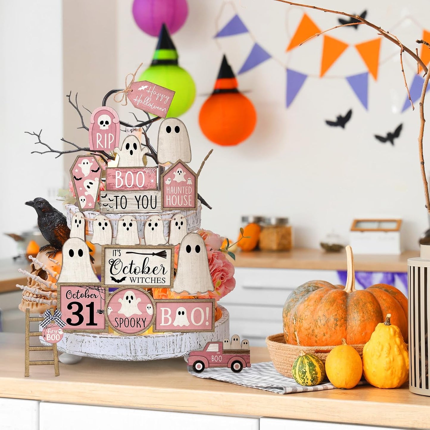 Halloween Tiered Tray Decorations Set, Wood, Ghost, Pink White