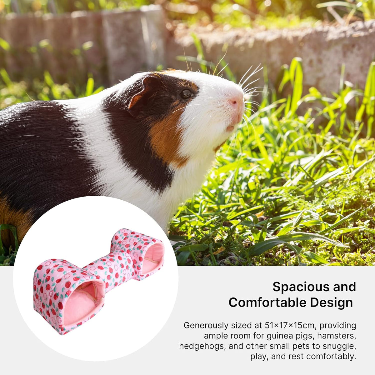 Hamster Tunnel Bed Hideout, Polyester Small Pet Cave for Guinea Pigs, Mice, Chinchillas and Dwarf Rabbits, Pink Strawberry