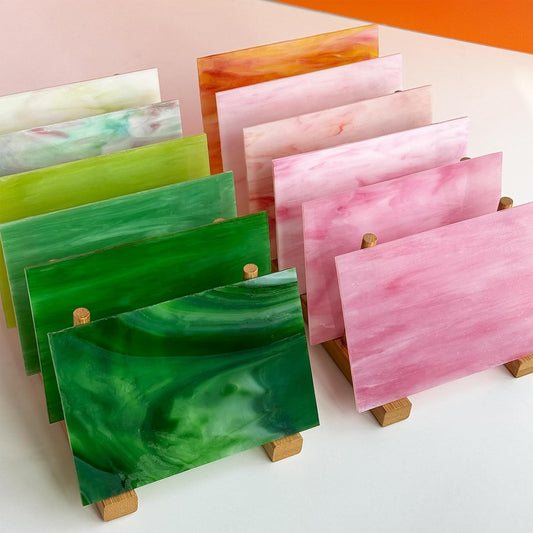 12 Sheets Stained Glass Sheet Pink and Green Collection, 6 x 4 inch Stained Glass Mosaic Tiles for Stained Glass Projects Mosaic Crafts
