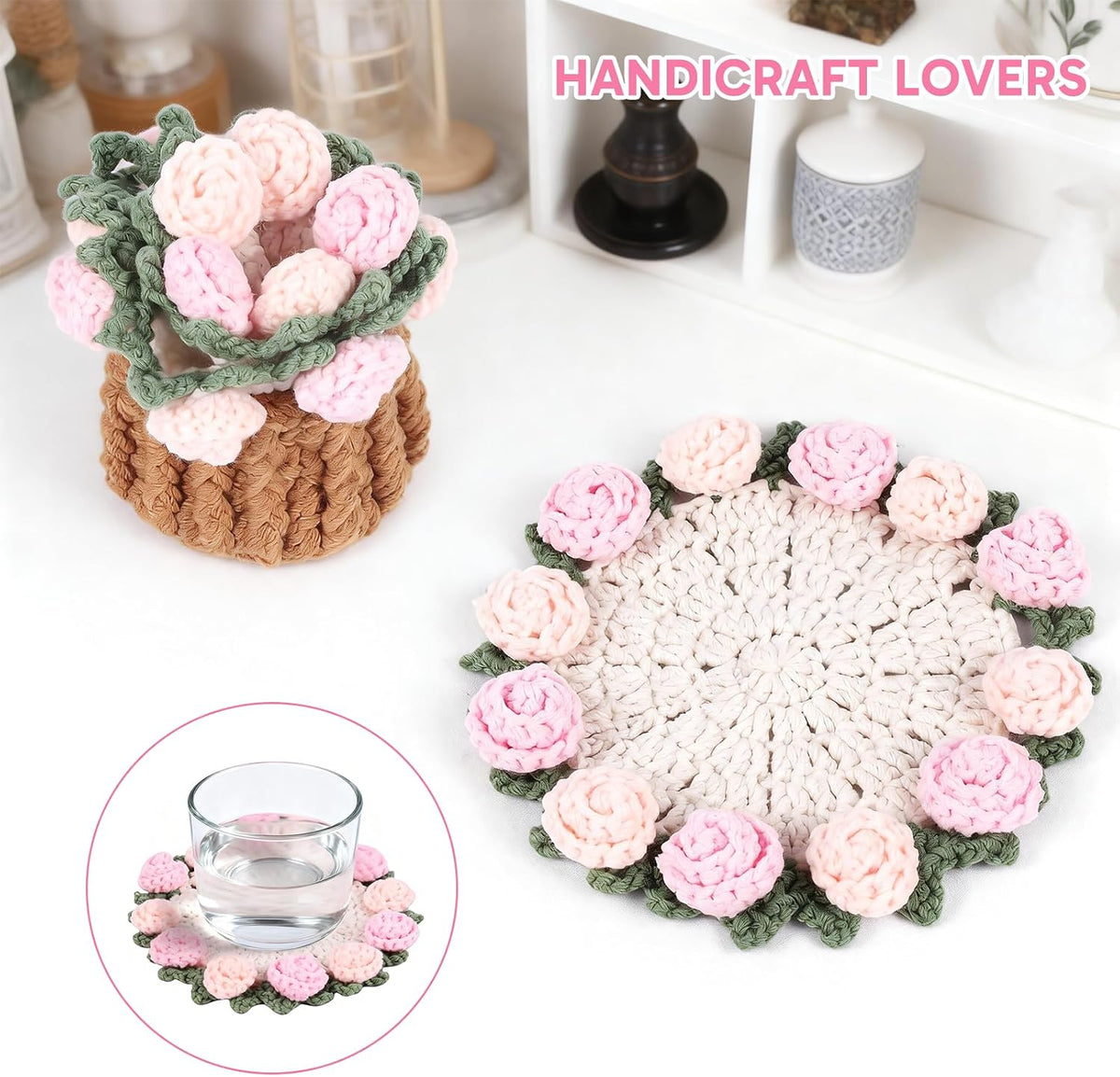 1 Set Flower Coasters with Mini Crochet Basket, Pink Coasters, Handmade Crochet Coasters, Durable and Absorbent, Perfect for Coffee Table, Housewarming, Birthday