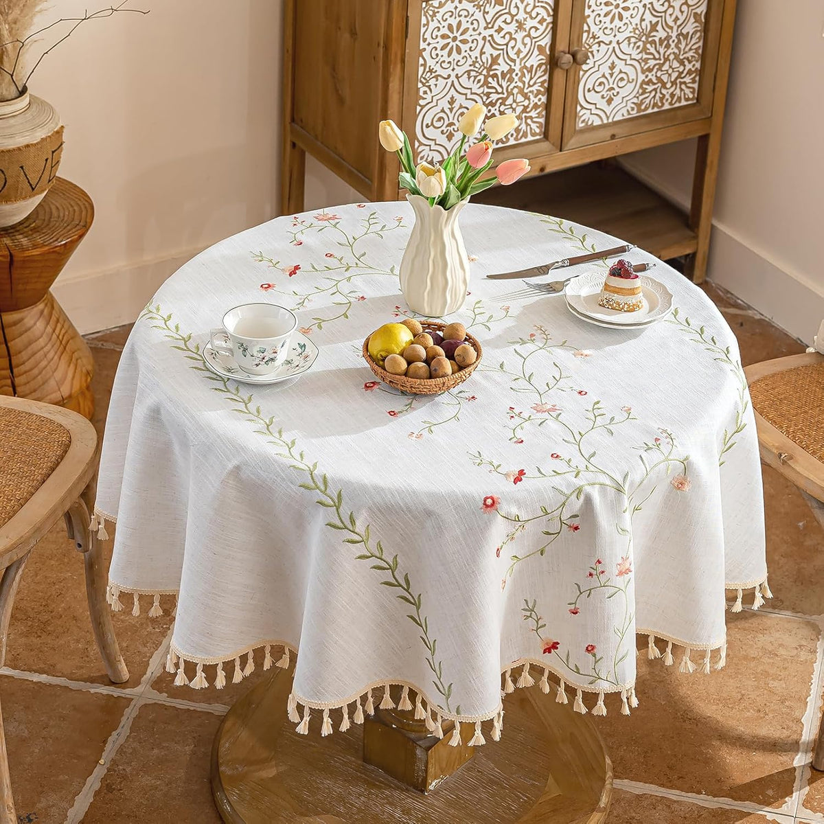 Round Linen Tablecloth 55", Farmhouse Table Cloth with Pink Floral Embroidery, Rustic Table Cloths for Round Table,Spill Resistant Round Table Cover with Tassel for Dining Kitchen Outdoor Party