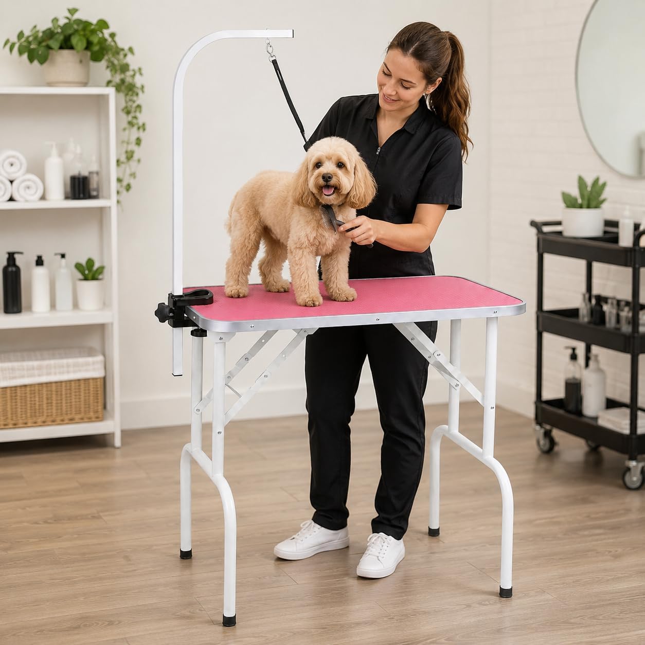 Pet Dog Grooming Table Foldable Grooming Table Heavy Duty Iron Frame with Arm & Noose for Dog Cat Pet Grooming (32'', Pink)