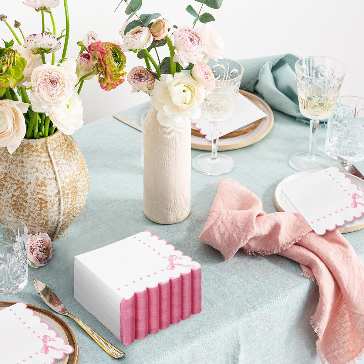 100Pcs Pink Bow Scalloped Paper Napkins Cute Luncheon Napkins Dinner Hand Napkins for Coquette Birthday Party Supplies Table Decor