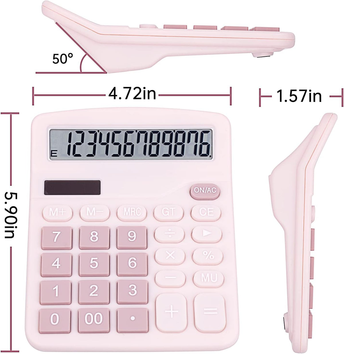 Cute Pink Desktop Calculator with Big Buttons, Dual Power Source