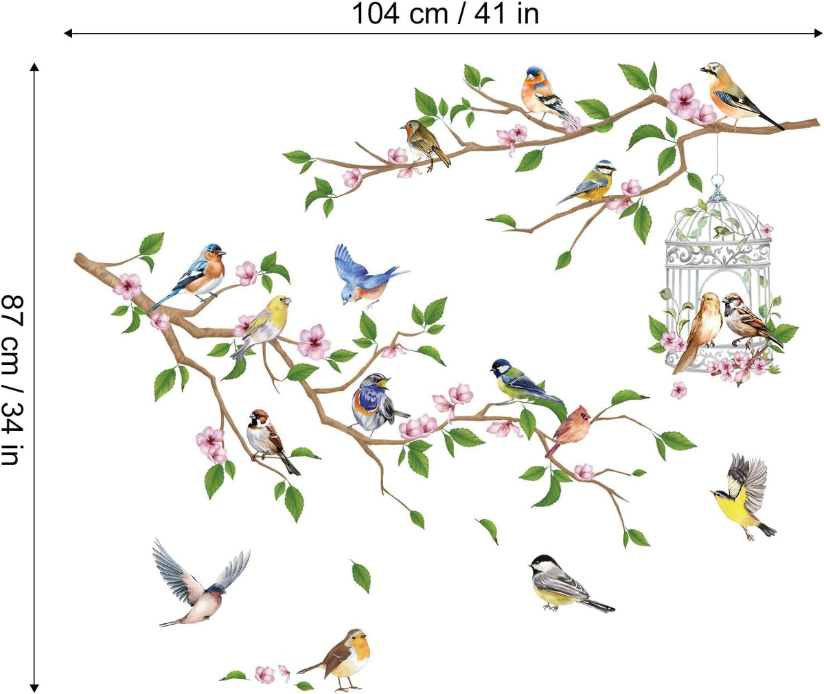 Flower Branches and Birds Wall Decals, Peach Tree with Birdcage Garden Themed Wall Stickers, Removable Self-Adhesive Wall Mural for Living Room, Bedroom