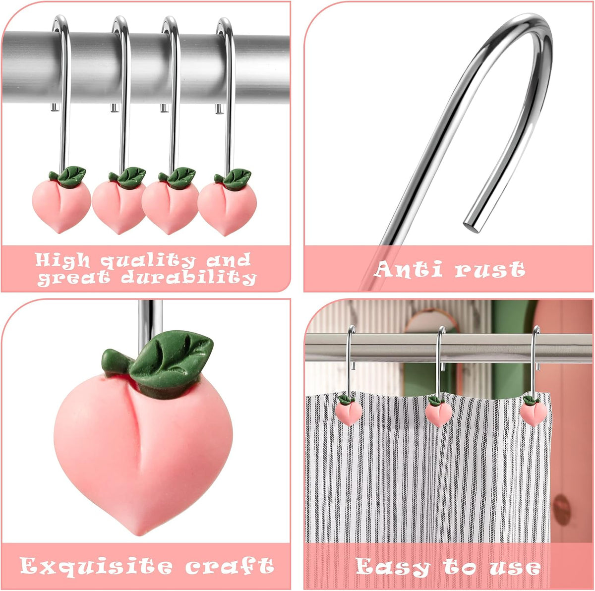 Peach Shower Curtain Hooks, 12 Pcs Bathroom Resin Decor Accessories