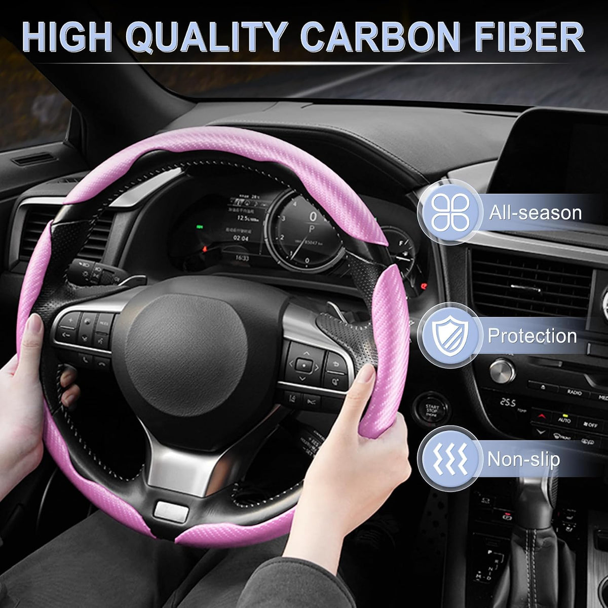 3pcs Carbon Fiber Anti-Skid Steering Wheel Cover, Waterproof & Segmented Butterfly Design, Universal 99% Vehicle Wheel Cover Protector, Car Interior Accessories (Pink-3pcs)
