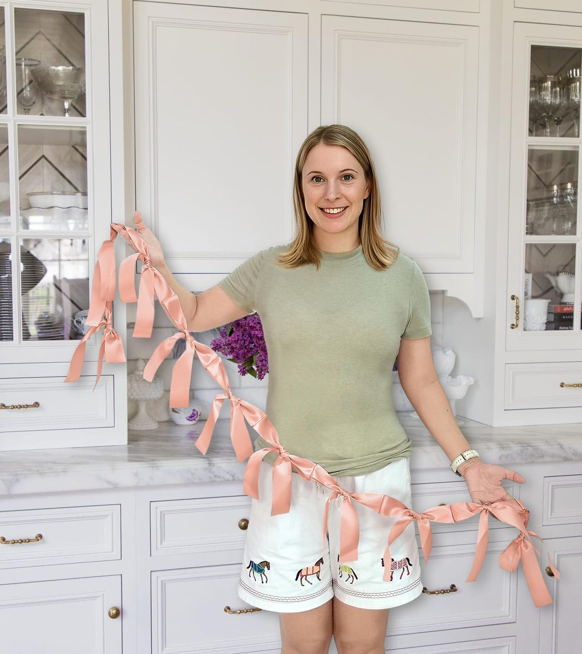 Peach Bow Garland Pre-Assembled | 6ft Silk Satin Bow Banner for Coquette Bachelorette Party, Soft Blush Baby Shower,Bridal Shower Wedding Baby Room Bed Decor (Peach, 6ft)