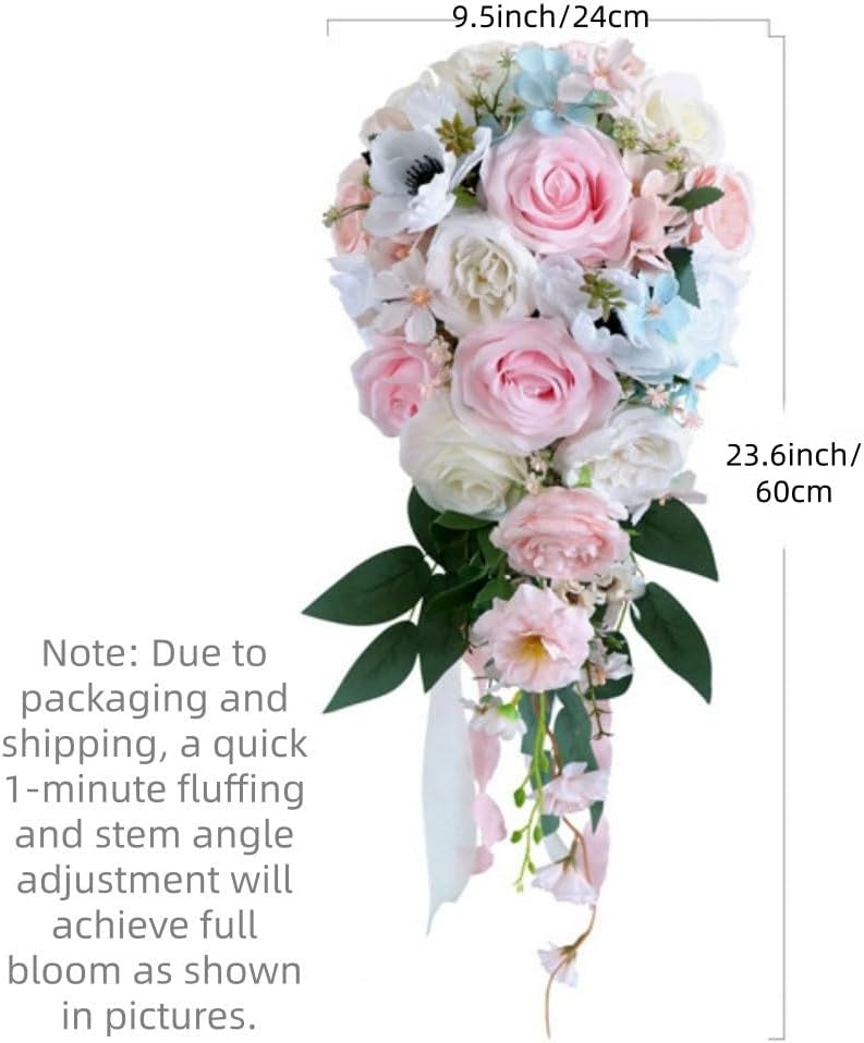 9.5 Inch Cascading Wedding Bouquet for Bride Cascade Artificial Rose Flower Bride Bridal Bouquet Rustic Boho Wedding Ceremony Anniversary Bridal Shower Light Pink