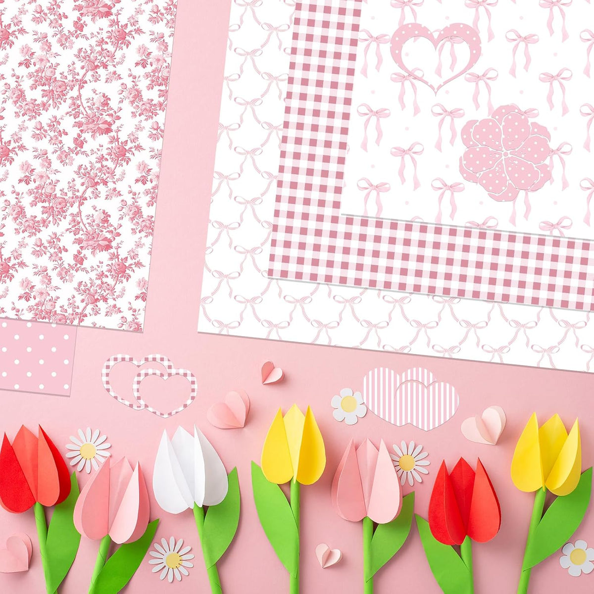 24 Sheets Preppy Pink Bow Scrapbook Paper, Coquette Bow Ribbon and Floral Decorative Craft Paper Folded Flat for Birthday Wedding Baby Shower Card Making Photo Album Decor, 12'' x 12''