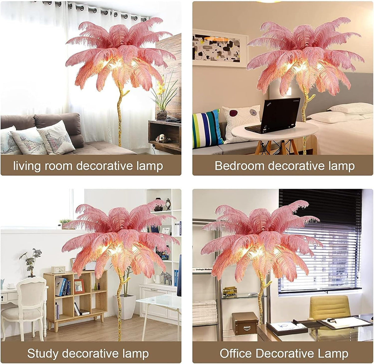 Natural Ostrich Feather Floor Lamp, Modern LED Dimmable Standing Lamp, Romantic Princess Bedroom Reading Tall Corner Lamp for Living Room, Dining Room and Office (120cm, Pink)