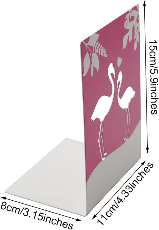 Metal Book End for Kids Cute Bookends with Nonskid Base 1 Pair Cartoon Pink Flamingo