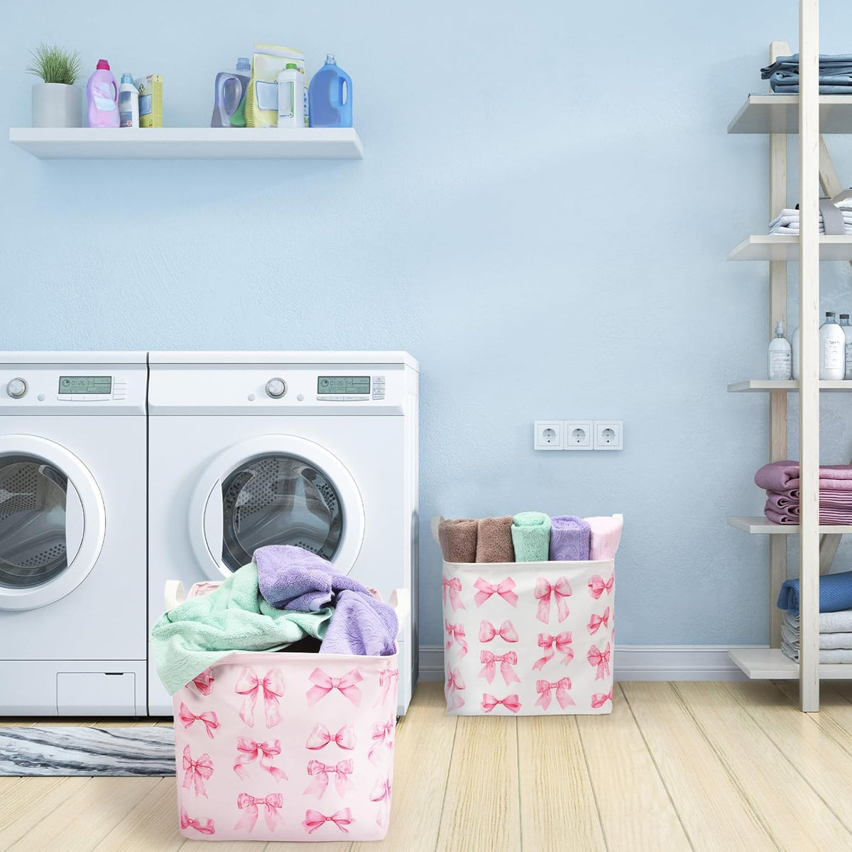 2 Pack Pink Bow Laundry Basket, Foldable Waterproof, 12.6 Inch
