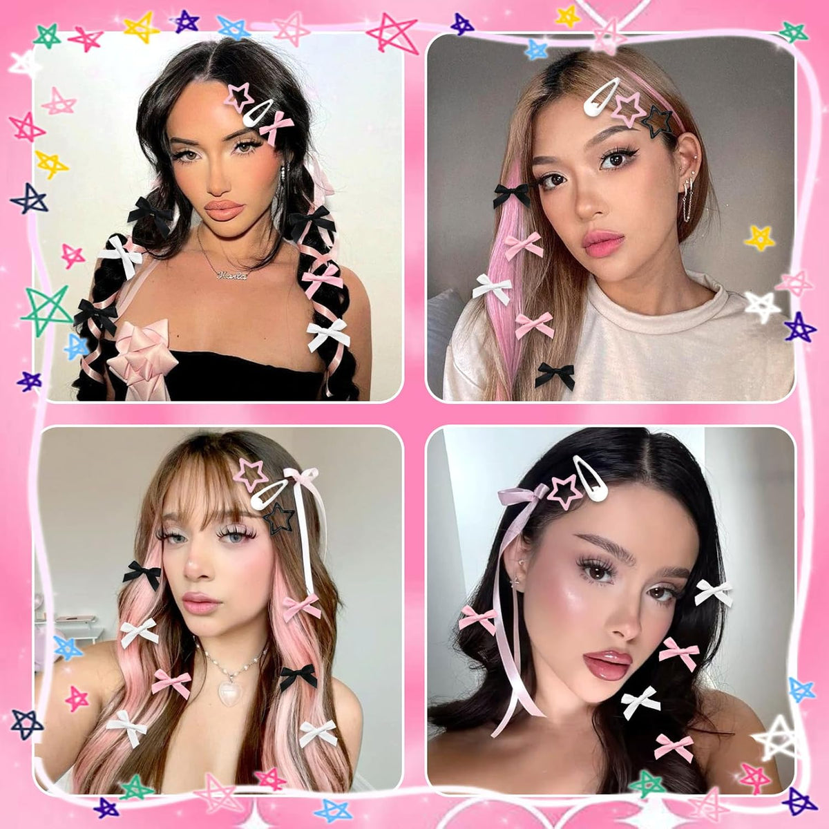 36Pcs Pink Bow Hair Clips 3 Style Y2K Star Hair Barrettes for Women Metal Snap Hair Clips Black White Mini Satin Hair Bows Non-Slip Hair Barrettes Pins Accessories for Girls