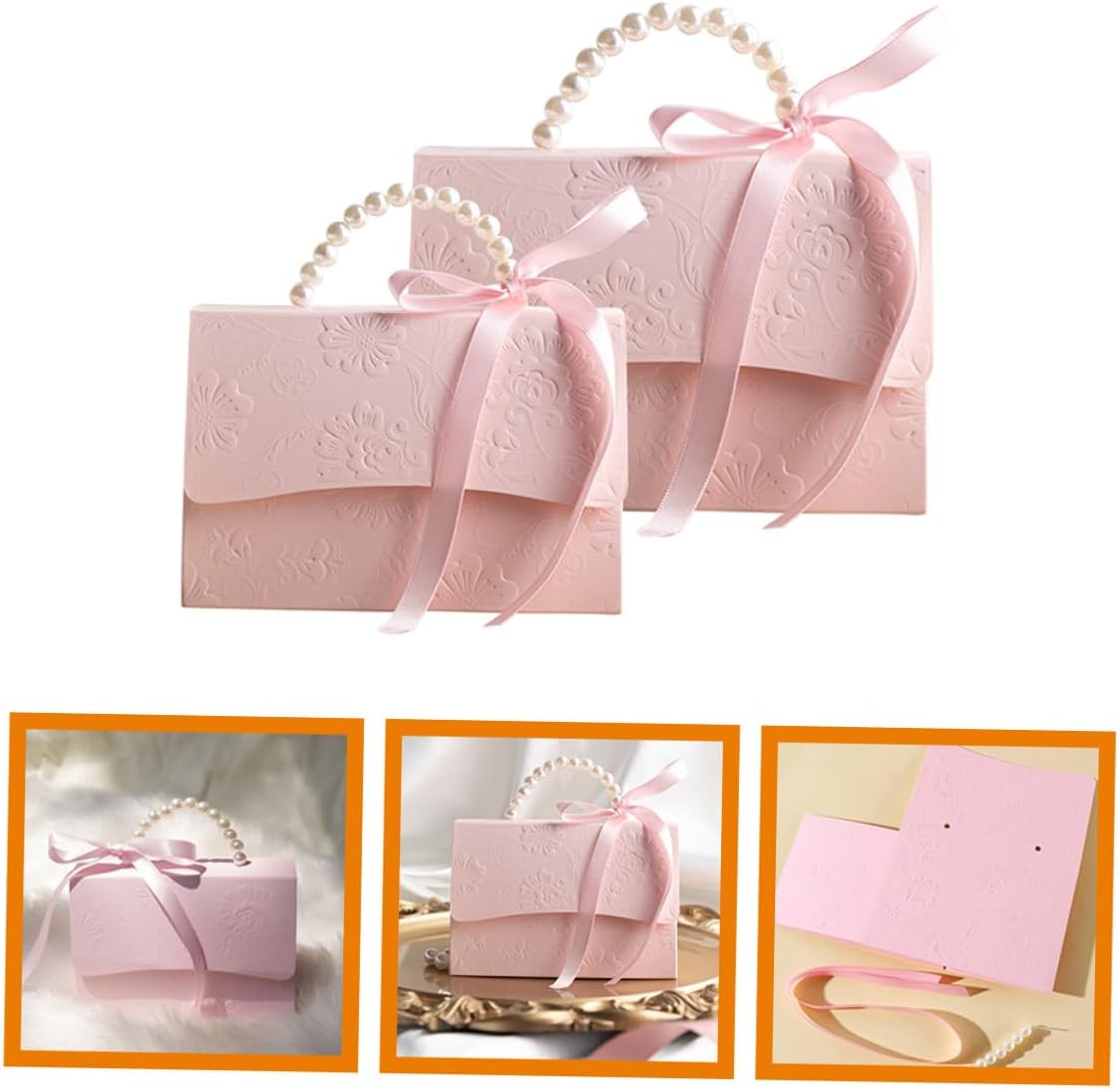 TEHAUX Small and Medium Pink Wrapping Boxes Set with Embossed Flower Pattern and Pearl Chain, Decorative Paper Packaging for Wedding Favors and Party Presents