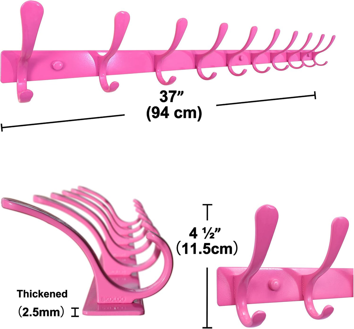 Coat Rack Wall Mounted - 10 Hooks, Pack of 2, Heavy Duty, Stainless Steel, Metal Wall Hanger, Sturdy Coat Hooks for Hanging Coats, Jacket, Clothes, Hat, Pink
