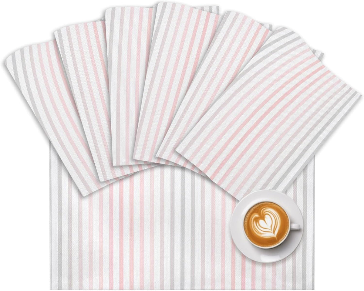 Ombre Pink Grey Striped Placemats Set of 4, Cotton Linen Fabric Place Mats, Farmhouse Modern Stripes Washable Decorative Table Mats Protector for Home Kitchen Dining Wedding Party Coffee Tables