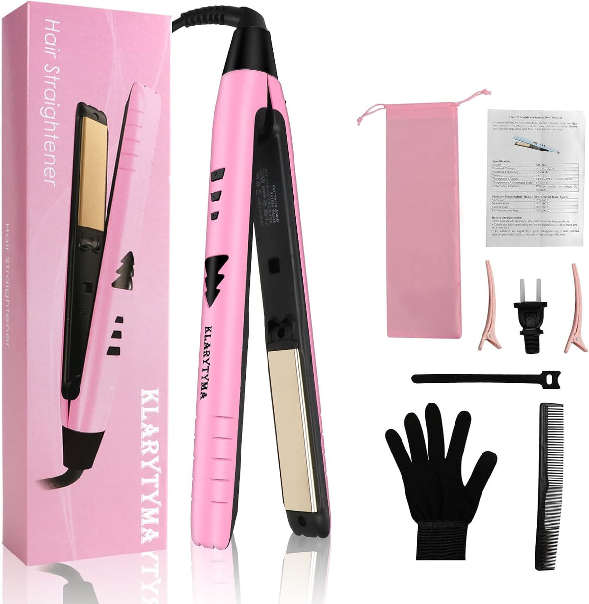 Lightweight 2 in 1 Hair Straightener & Curler, Titanium 3D Floating Plates 15s Instant Heating, Negative Ion Tech for Smooth Hair, Mini Portable with Pouch & Anti-Scald Glove, Pink