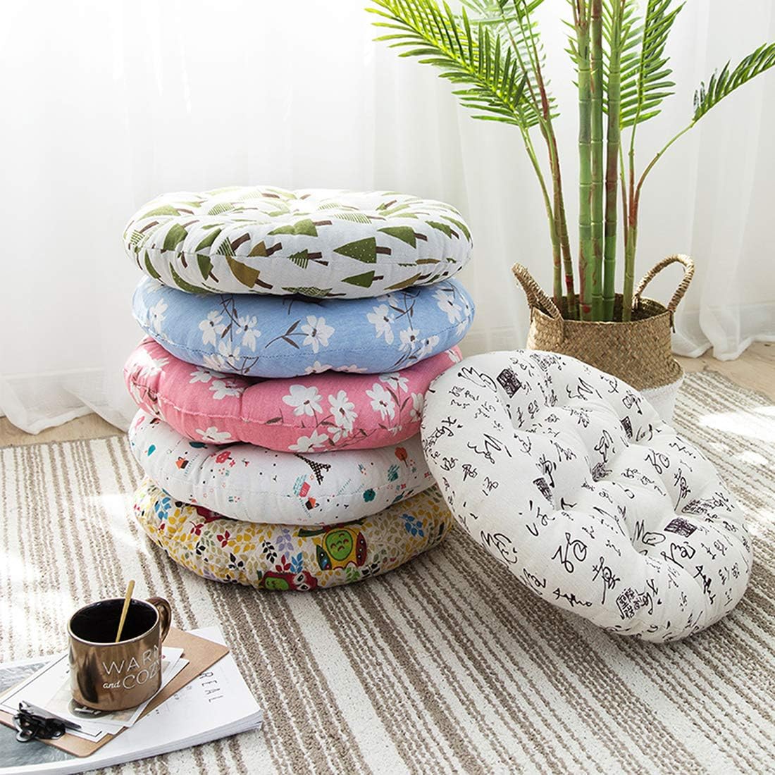 Bohemian Soft Round Chair Pad Garden Patio Home Kitchen Office Seat Cushion Flower Pink Diameter 16"