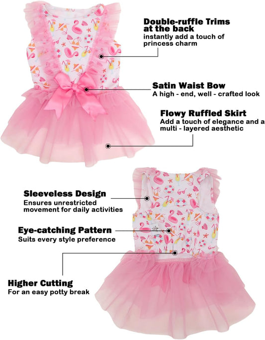 Pink Flamingo Pool Party Pet Dress for Small Dogs, Cats - Double-Layer Ruffled Skirt - Satin Bow - Summer Beach, BBQ Dress