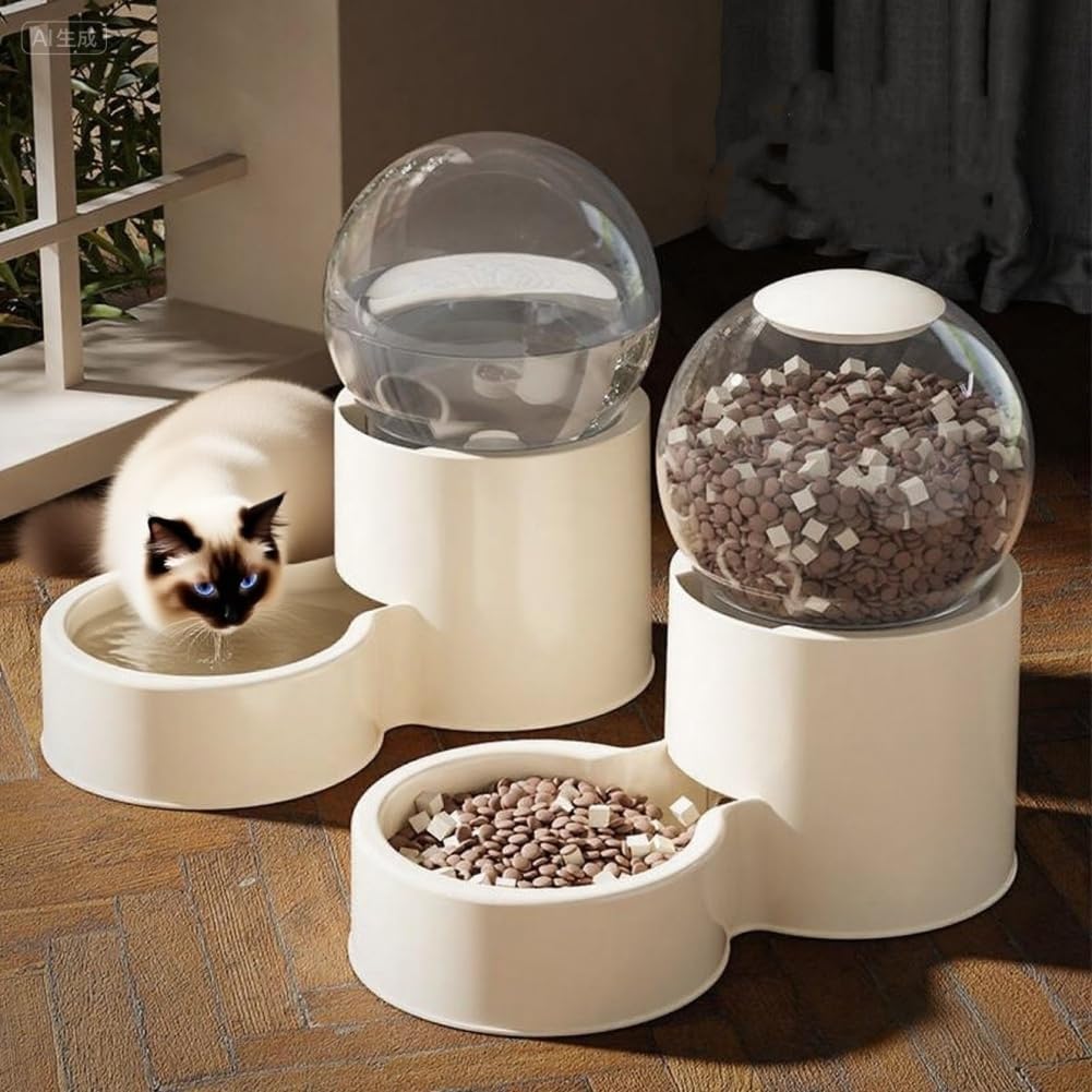 Automatic Cat Feeder and Water Dispenser Gravity Food Feeder and Water Set, Pack of 2, Cat Food Dispenser and Gravity Water Fountain for Cats Small Dogs Puppies Kittens Pets (Pink A)