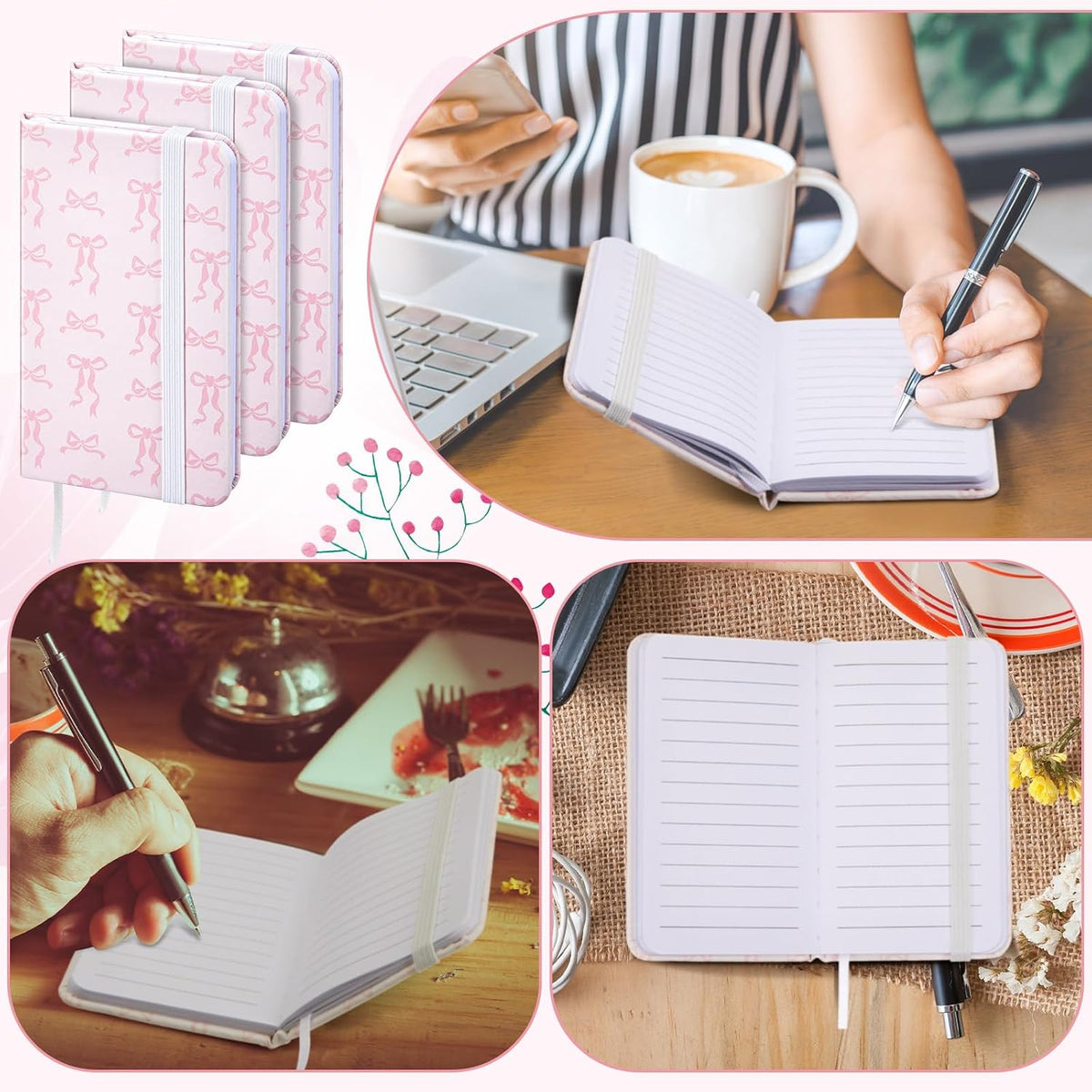 4 Pcs Mini Pocket Hardcover Notebook Pink Bow