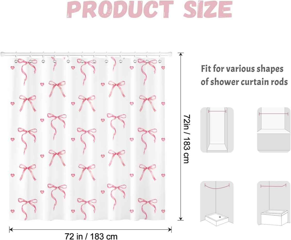 Pink Bow Shower Curtain with 12 Hooks, 72x72 in