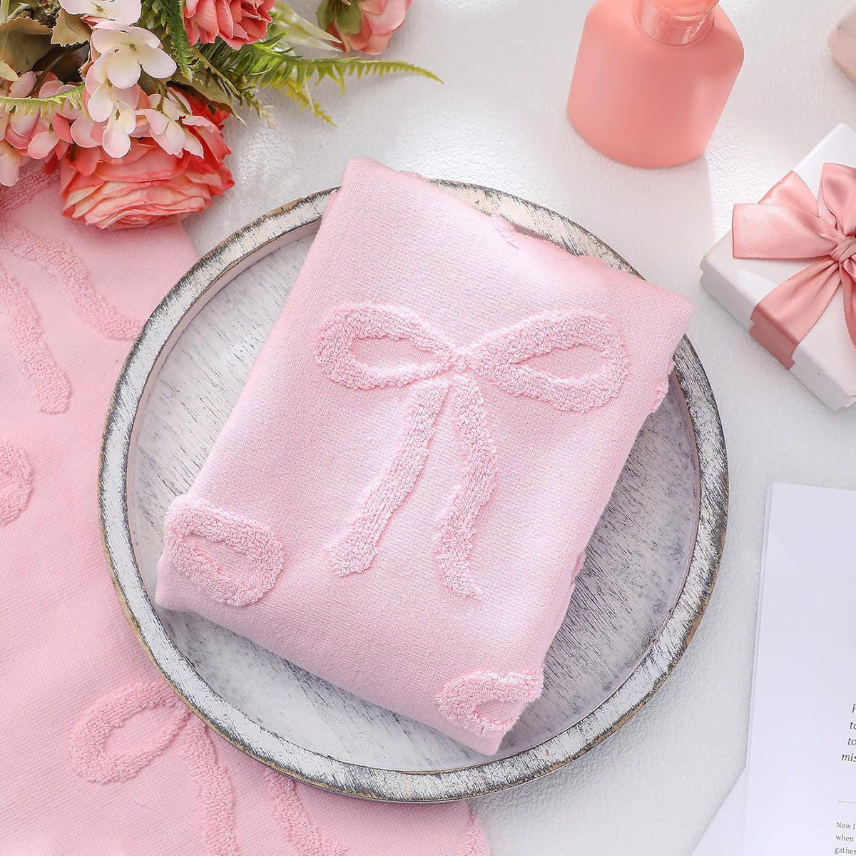 2 Pcs Pink Hand Towels for Bathroom Coquette Bow Decor, 100% Cotton