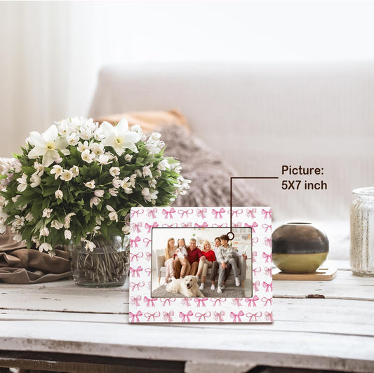 Pink Coquette Bow Picture Frame 5x7,Bridal Shower Gifts for Bride Photo Frame, Engagement Wedding Gifts for Her Wooden Picture Photo Frames for Desk Tabletop Wall Display Decoration