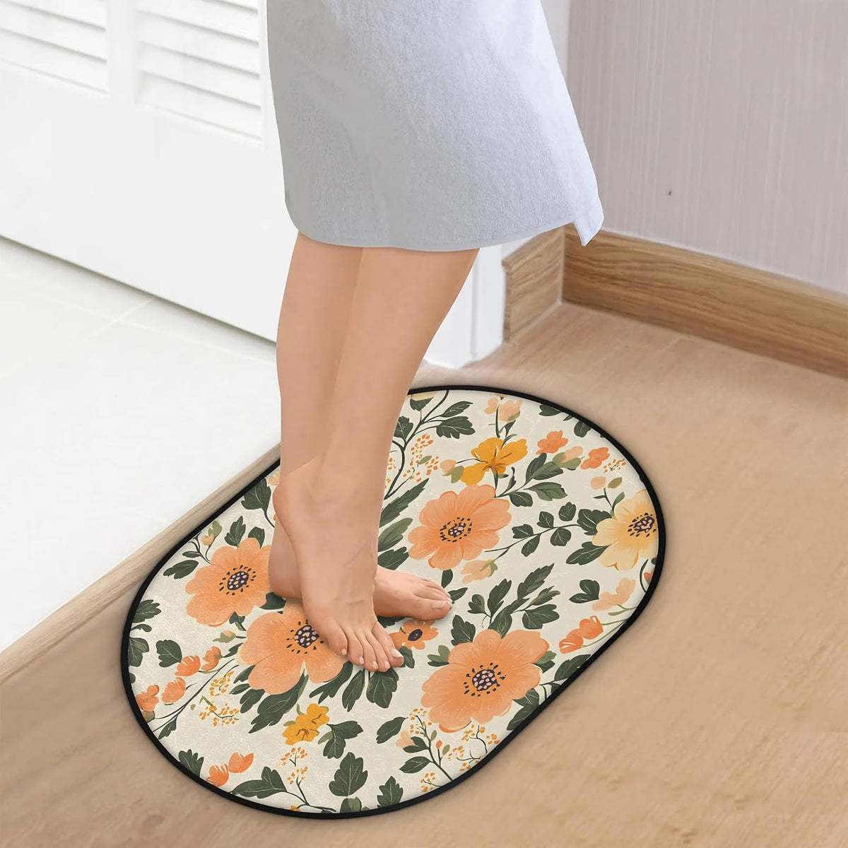 Peach Flower Design Oval 16x24 Inches Absorbent Bath Mat, Non Slip Soft Plush Bath Rug with TPR Backing for Home Kitchen Bathroom
