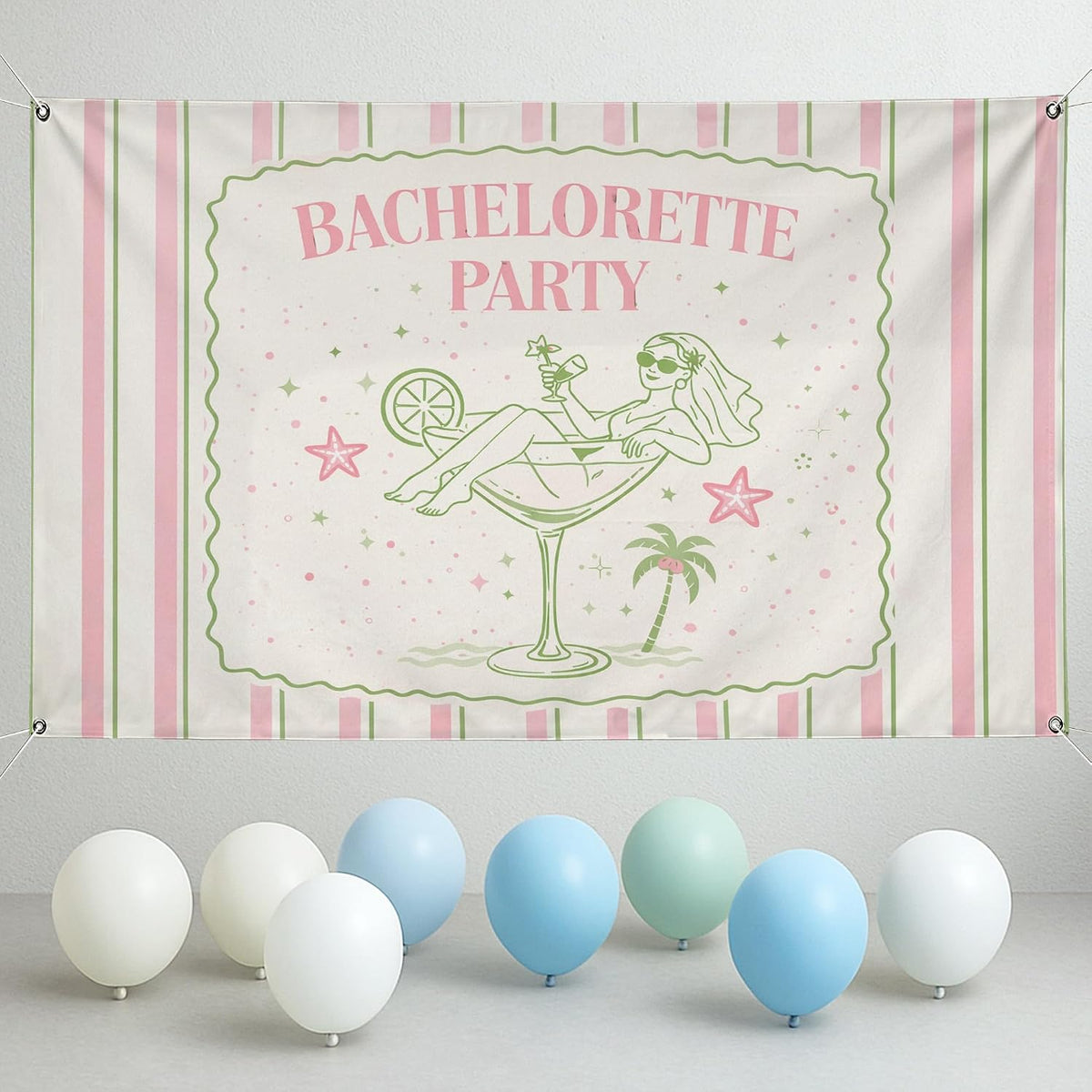 Bachelorette Party Backdrop, Retro Peach Green Striped Decoration, Fun Cocktail Theme Indoor/Outdoor Photo Background for Celebrations 71x43 Inch