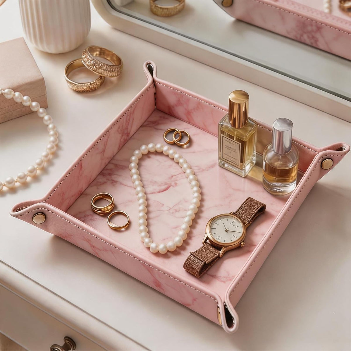 Valet Tray Desktop Storage Organizer – Vegan Leather Catchall Bedside Vanity Tray Nightstand Caddy Holder for Remote Controller, Watch, Keys, Phone, Wallet, Coin, Jewelry, Marble Pink