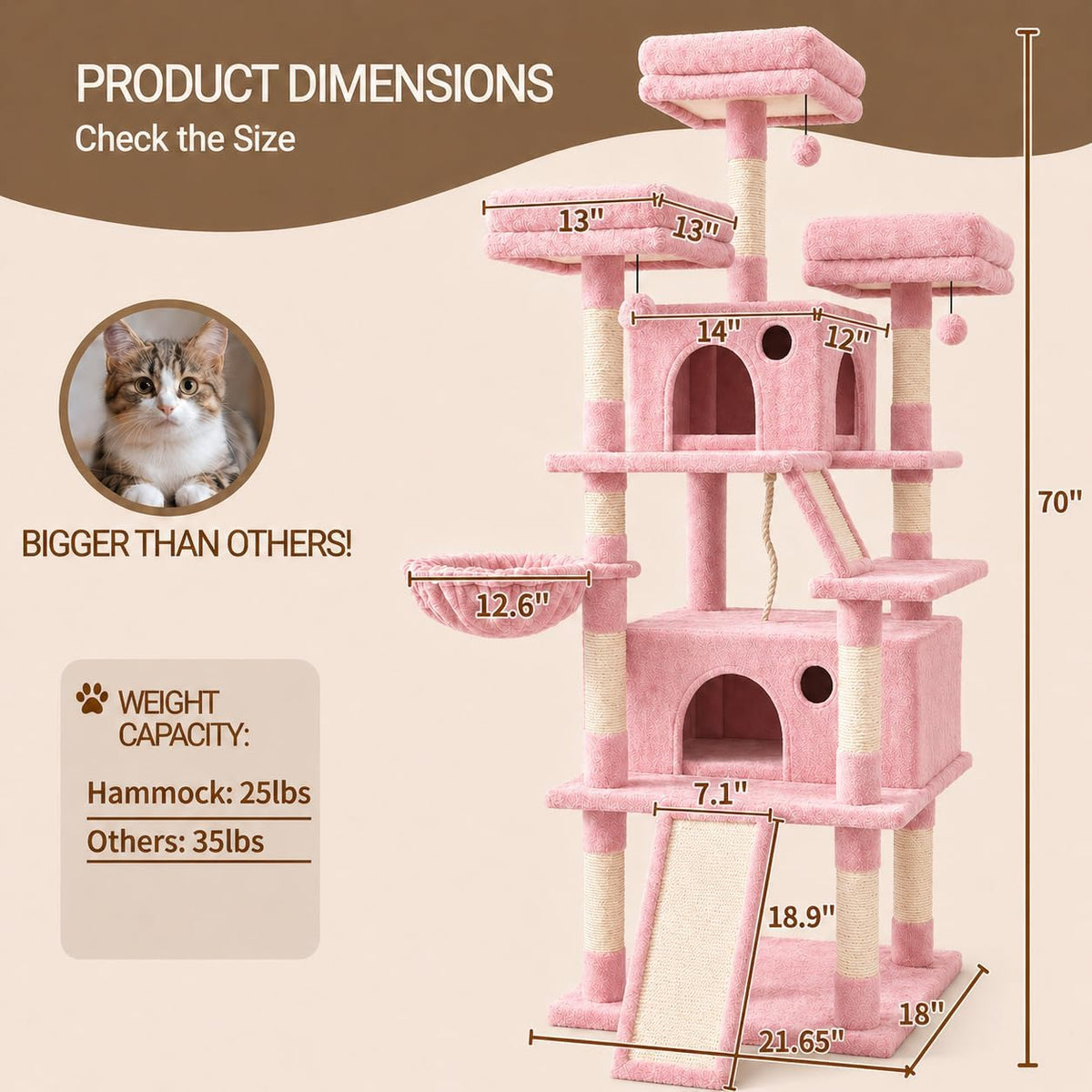 70 Inch Tall Cat Tree Tower for Indoor Cats, Multi-Level Large Cat Condo with Scratching Posts, Hammock & Perches, Sturdy Activity Center for Big Cats/Pink