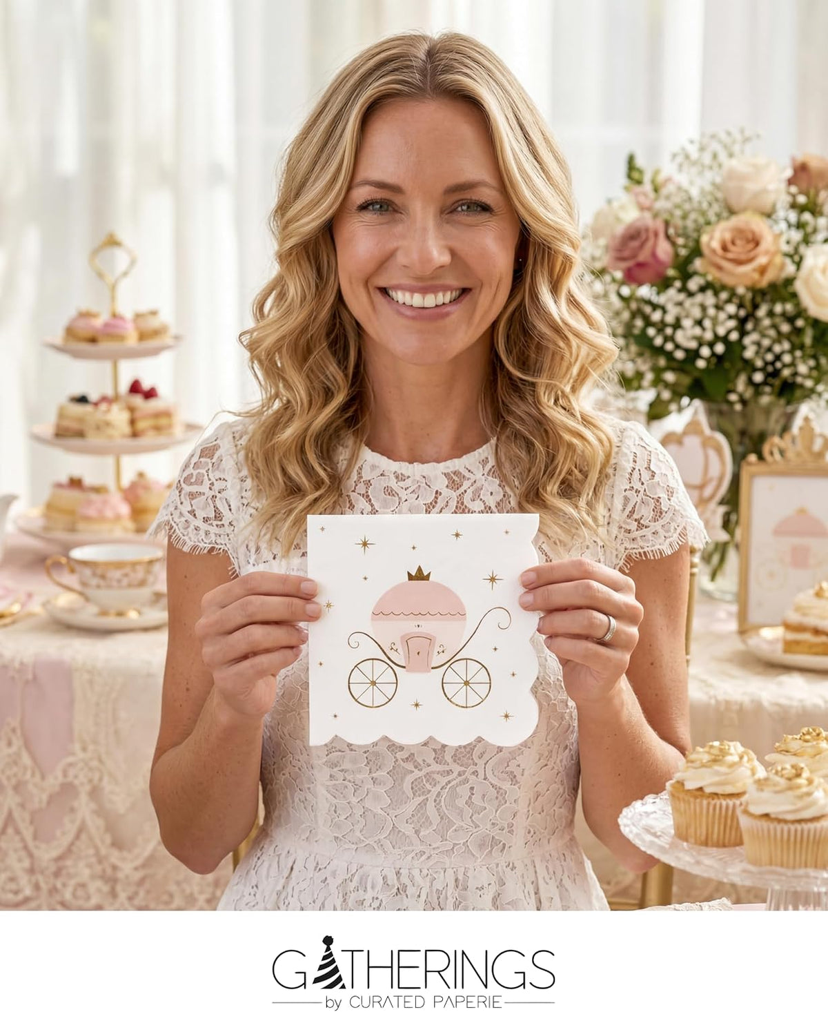 Gatherings by CP Princess Carriage Napkins, Gold Foil Details,16 Pack