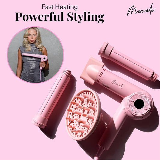 Mermade M Ionic Hair Dryer with Diffuser - Professional Blow Dryer for Curly Hair Styling, 4 Attachments to Curl, Dry, & Style, Salon Grade, Lightweight, Fast Drying, Adjustable Temperatures - Pink