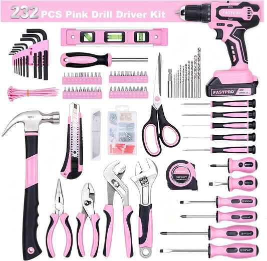 232-Piece Pink Drill Set for Women, Pink Tool Set with Bag