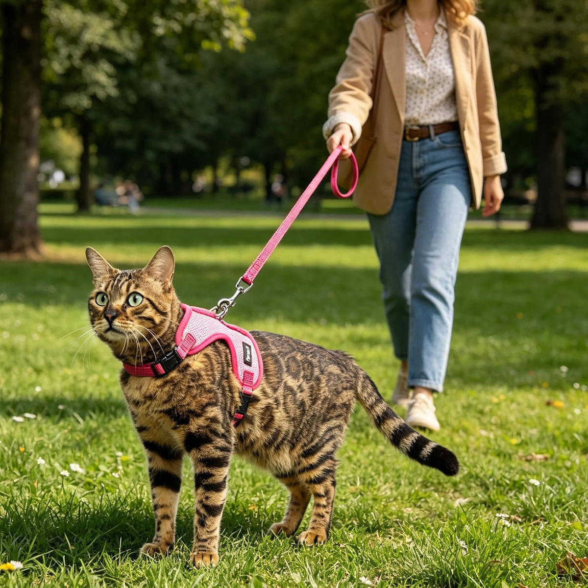Cat Harness and Leash Set Escape Proof, Reflective Adjustable Soft Mesh Pet Vest Harness for Walking Travel, Pink S