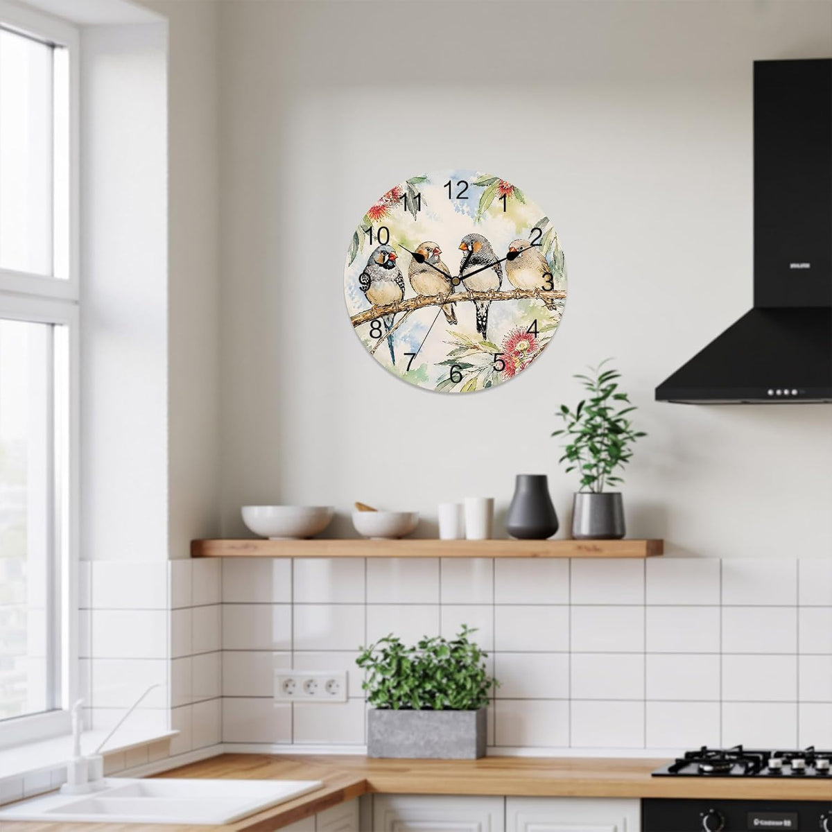 Silent PVC Wall Clock 14x14 Inches Round Wall Clock, Animal Bird Hanging Clock for Kitchen Non Ticking Battery Operated Living Room Mute Clock, Farmhouse Floral Flower Sage Green Coral Pink