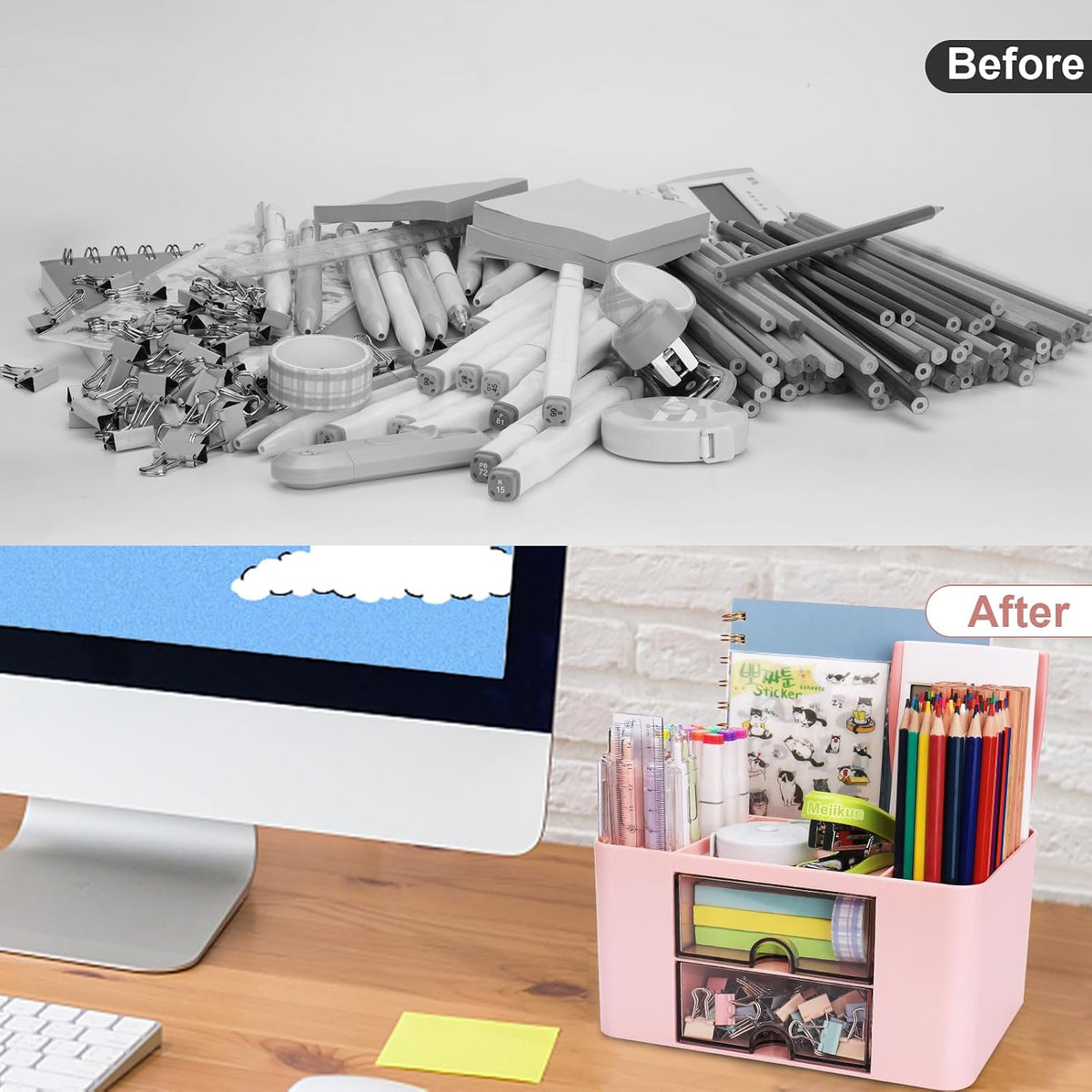 Plastic Pen Organizer, Multifunctional Desk Organizer with 2 Drawers, 4 Compartments & a Top Tray, Pencil Holder Desktop Organizers and Accessories for Office, 7.7" x 5.5" x 3.9" (Pink)