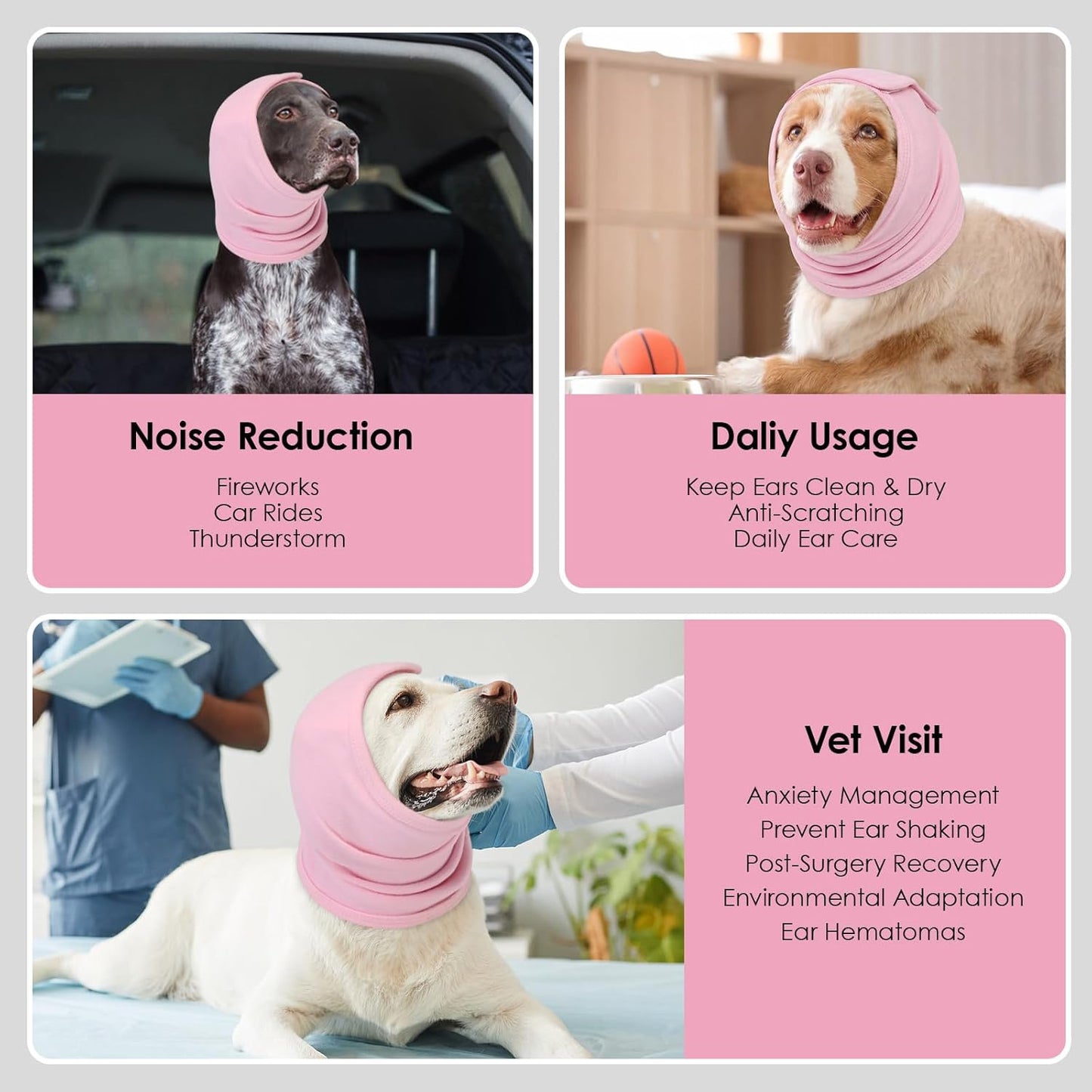 Dog Calming Hoodie, Anti-Slip Headband for Dog Hematoma, Adjustable Dog Ear Muffs Cover for Noise Anxiety, Dog No Shake Ear Wrap for Grooming, Fireworks, Thunderstorms, Drying, Pink L