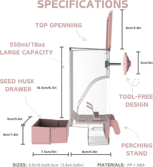 Automatic Bird Feeder, Bird Cage Feeder with Perch for Parakeet Canary Cockatiel Finch (Pink)