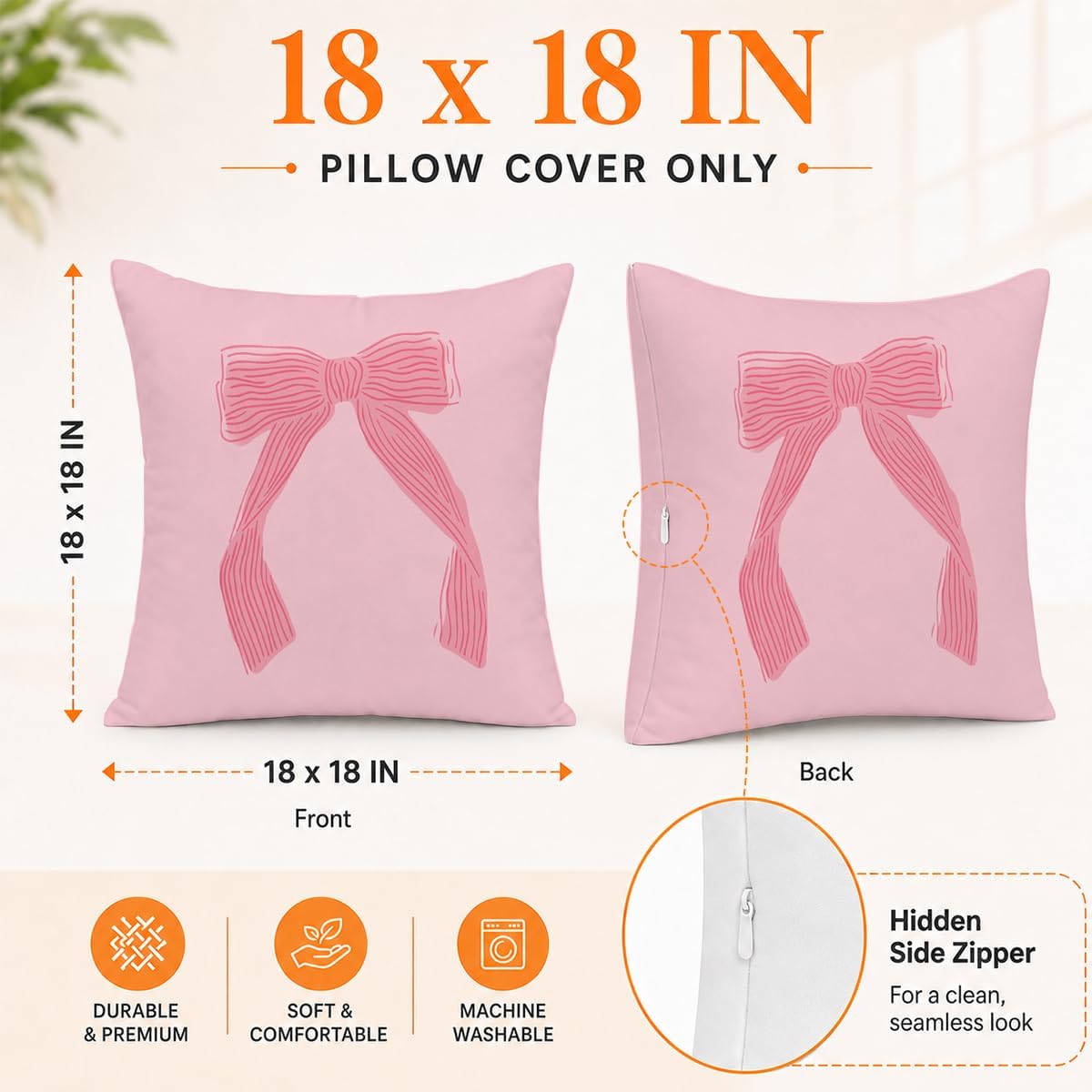 Coquette Girly Pink Bow Decor Throw Pillows Covers 18 x 18 inch