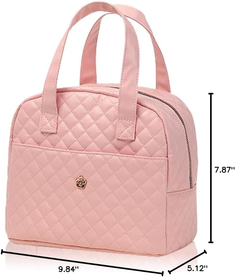 Lunch Bag, Small Lunch Tote Bag for Women, Water-repellent Pu Leather Lunch Box, Quilted Lunch Bag (Pink)