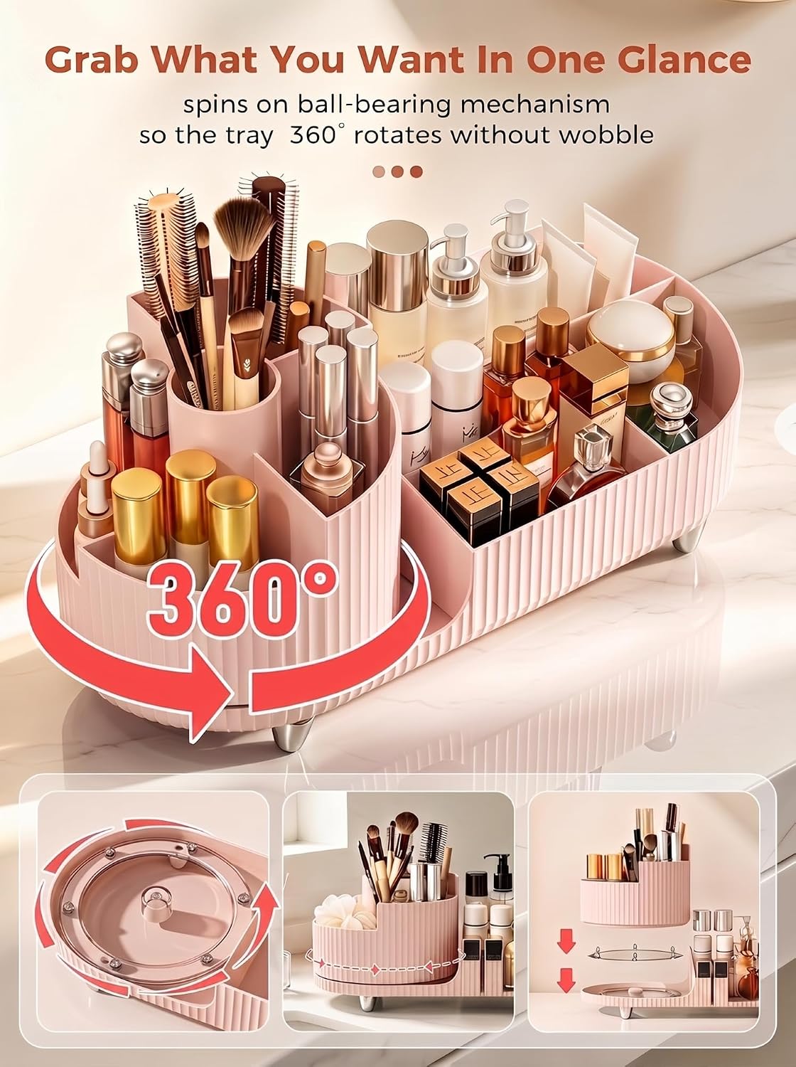 Rotating Makeup Organizer for Vanity Countertop, Pink
