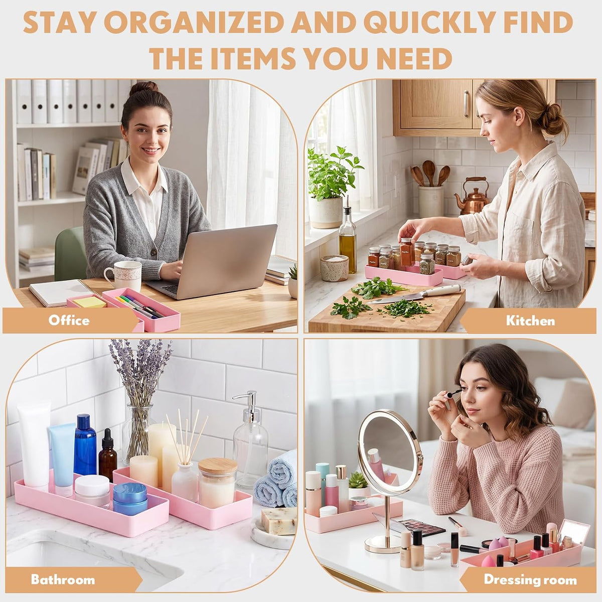 2 Pcs Pink Large Rectangular Desk Organizer Set, Half Accessory Tray, Plastic Tabletop Organizer for Office, Home, or Study, Dimensions: 9.45 x 2.95 x 1.38 Inches